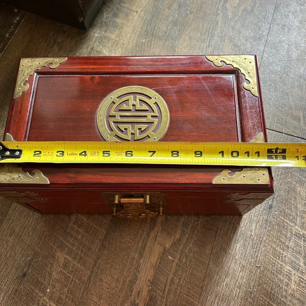 Vintage Chinese Rosewood Hongmu Jewelry Box Brass Hardware Red Silk Lining 12in